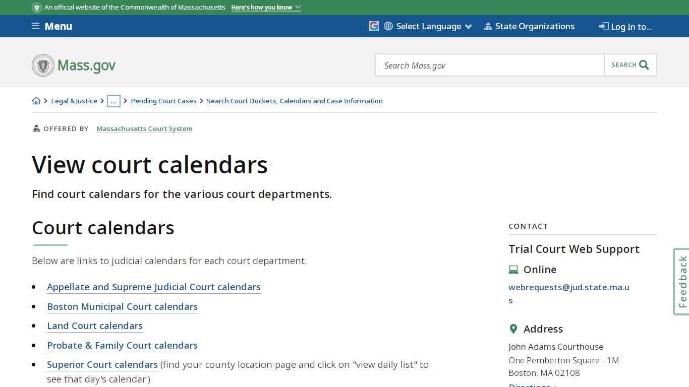 View court calendars | Mass.gov